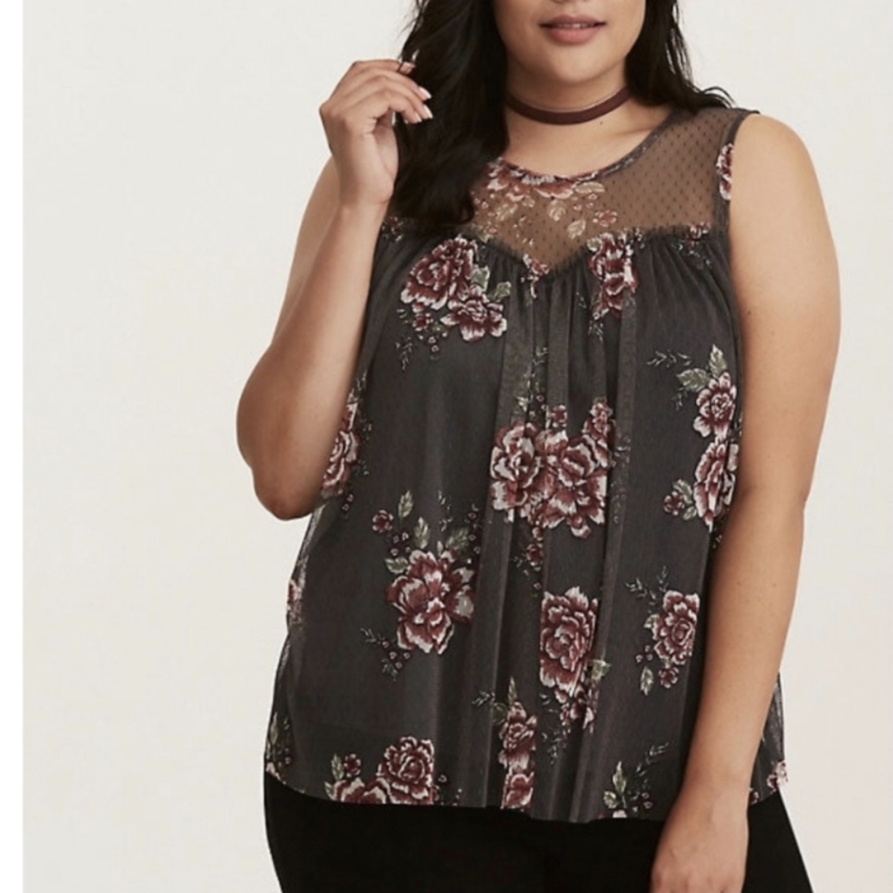Torrid Gray Floral Mesh Overlay Top
